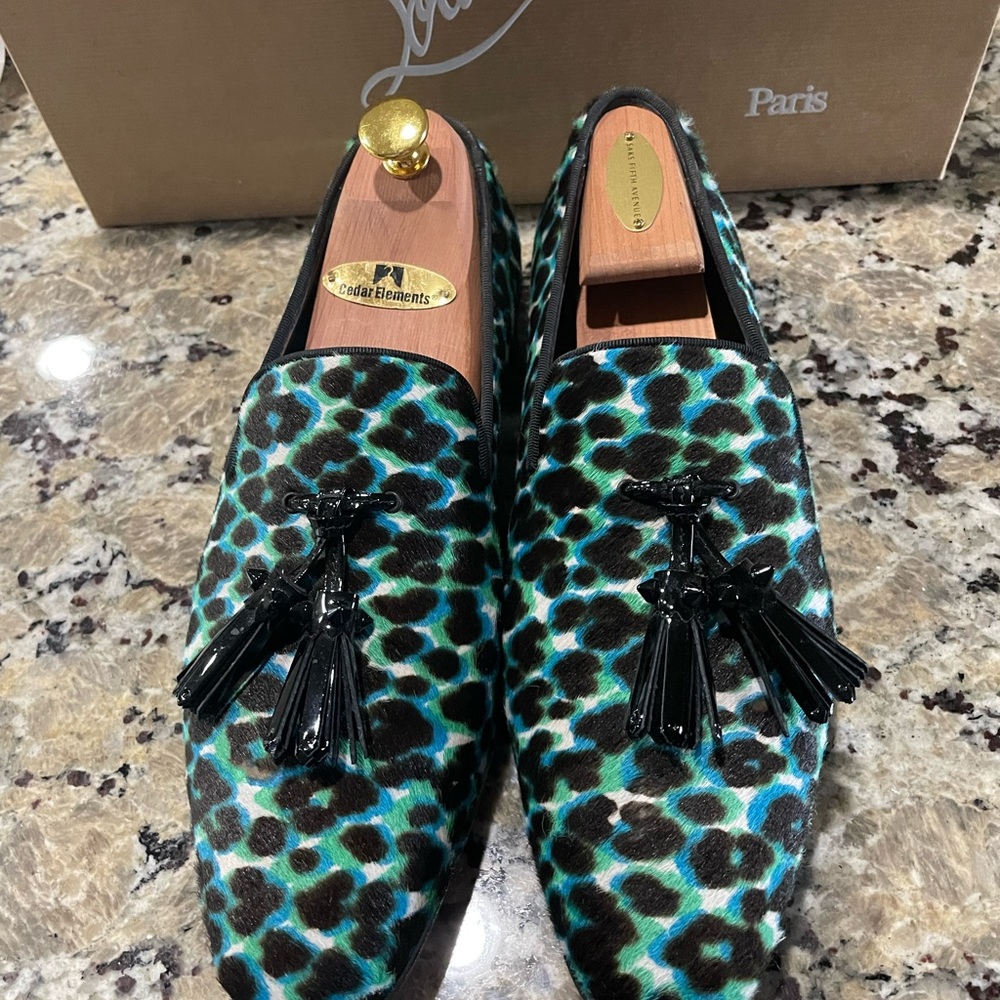 Mens Christian Louboutin Ponyhair Animal Print Loafers Size 40 US 7.5